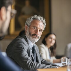 Politician discussing policy with colleagues in a government office