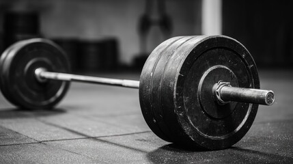 Black and white barbell resting on gym floor