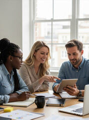 Fototapeta premium Three professionals collaborate as a team, sharing ideas and strategies at the worktable. 