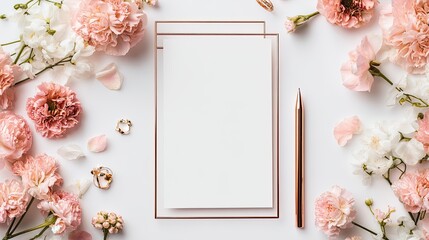 Pink and White Flowers Flatlay with Rose Gold Notepad and Pen