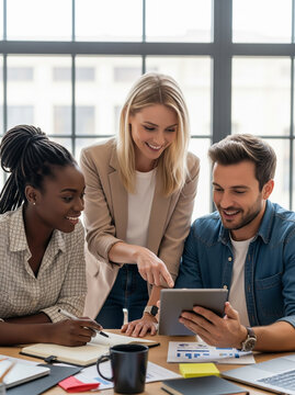 Three coworkers have a relaxed discussion while viewing a tablet in a bright office room.

