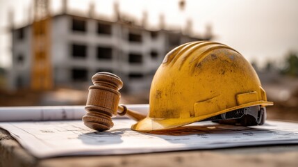 Wooden gavel and safety helmet on construction blueprints.