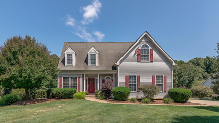 A charming suburban home with a well-kept lawn, glowing in the golden afternoon sunlight.