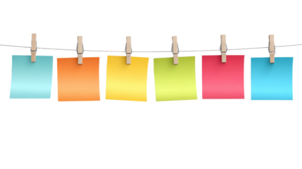 Colorful Notes are hanging from clothesline with clothespins.