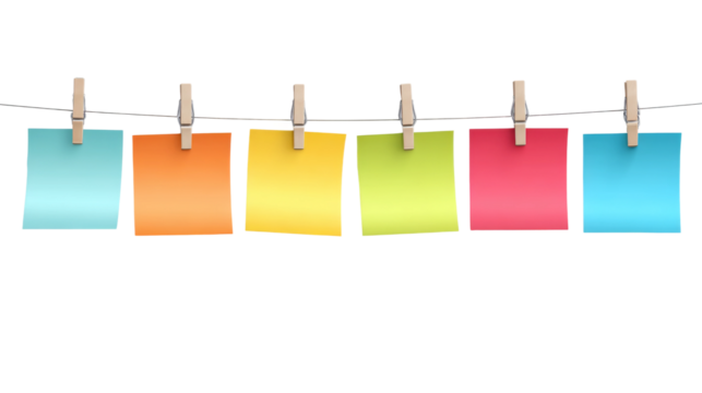 Colorful Notes are hanging from clothesline with clothespins.