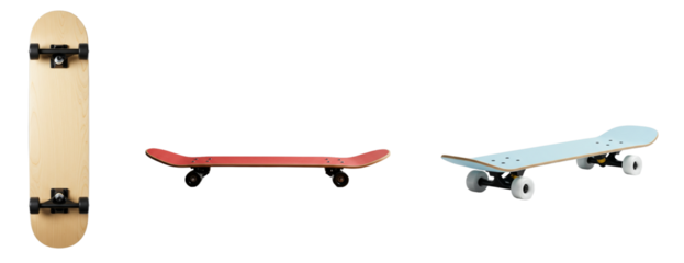 Three skateboard variants offer versatile skateboarding options on white backdrop