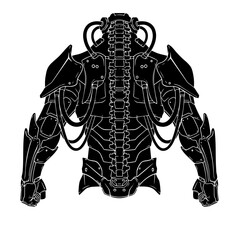 Fototapeta premium Futuristic Bio mechanical Exoskeleton Armor Concept, Detailed Black Cyborg Suit Illustration Isolated on White, Advanced Robotic Humanoid Technology Graphic.