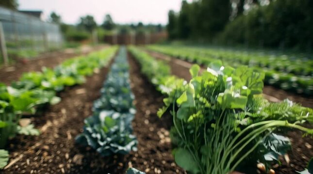 A hand holds freshly harvested organic  carrots and radishes in a lush vegetable garden. Hands picking vegetables. Rows of green plants stretch into the background under a bright sky.