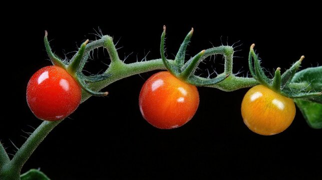 Close-up of colorful cherry tomatoes on a vine.