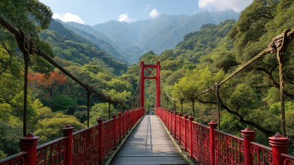 Obraz premium Red suspension bridge across lush green valley.