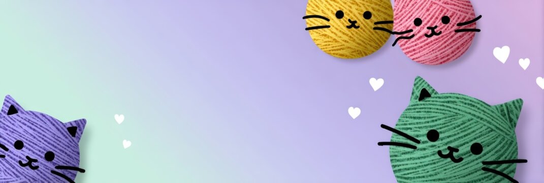 cat-themed web banner, charming web banner with pastel background, cute cartoon cat faces, yarn ball border, heart and paw motifs, and text areas ideal for pet websites - Powered by Adobe