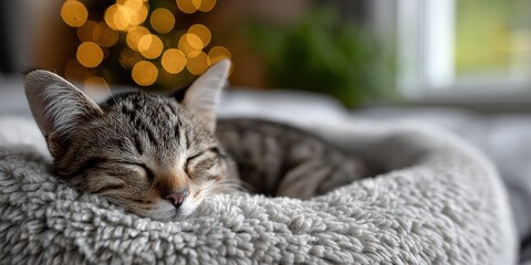 pet sleeping space, sharp focus on soft fleece cat bed with a sleeping kitten in the warm background, creating a cozy pet haven