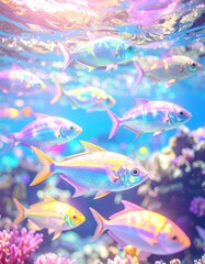 Naklejka premium into deep ocean clear water, many colorful fishes