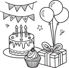 Black and White Birthday Party Line Art Illustration with Cake, Balloons, Gift and Decorations