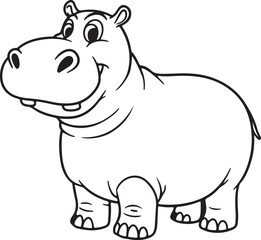 Obraz premium Cartoon hippo standing on two legs, big round nose, line drawing style, black and white illustration,