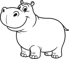 Obraz premium Cartoon hippo standing on two legs, big round nose, line drawing style, black and white illustration,