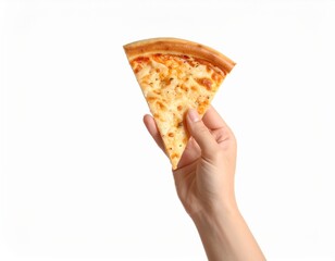 Slice of pepperoni pizza held in hand on white background