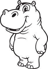 Fototapeta premium Cartoon hippo standing on two legs, big round nose, line drawing style, black and white illustration,
