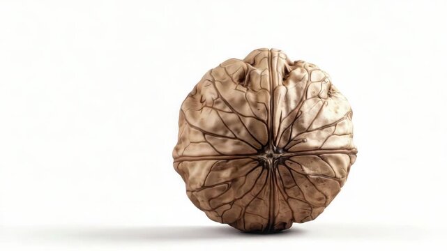 Close-up view of a walnut shell on a white surface
