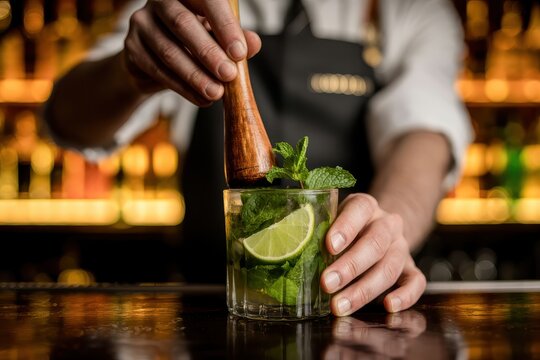 A bartender is muddling a mojito cocktail with fresh mint and lime