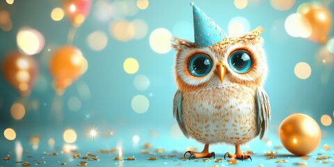 Festive owl wearing a party hat surrounded by balloons and decorations in a cheerful celebration setting