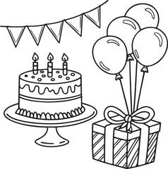 Black and White Birthday Party Line Art Illustration with Cake, Balloons, Gift and Decorations