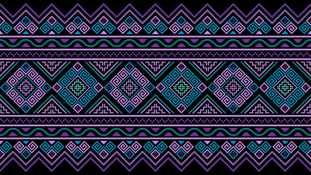 Seamless Indian Tribal Pattern in Bright Purple on Black Background. Mexican, Aztec and Mayan Colors. Vector Set. Ethnic Geometric Print Wallpaper.