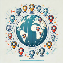 Obraz premium A creative illustration of the Earth surrounded by various location markers, representing global connectivity and navigation.