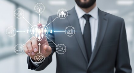 Obraz premium Businessman Points to Social Network Heart Icon with Growth, Communication, and Health Symbols in a Modern Office Setting