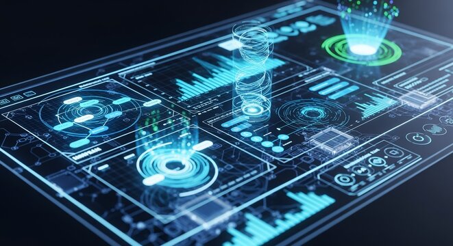 Futuristic Holographic Interface Displaying Data Visualization and Interactive Elements