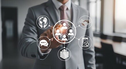 Businessman interacting with digital network icons representing global collaboration, communication, quality assurance, and successful partnerships