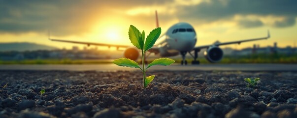 A small green plant grows from rocky ground in front of an airplane on the runway at sunset, symbolizing growth and sustainability in aviation.