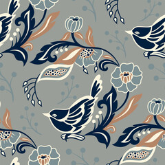 Warbler pattern with mughal flower motif fabric flat design