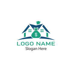 Real Estate Finance Logo Design. Money Bag and House Icon for Property Investment and Financial Growth Branding.