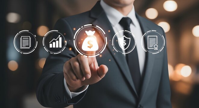 Businessman touching money bag icon, managing financial growth, investment strategy and insurance for wealth creation and business success concept - Powered by Adobe