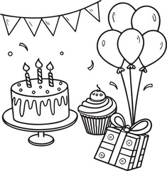 Black and White Birthday Party Line Art Illustration with Cake, Balloons, Gift and Decorations