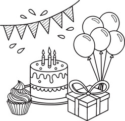 Black and White Birthday Party Line Art Illustration with Cake, Balloons, Gift and Decorations