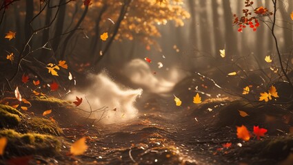 Leaves rustling across a forest trail, soft dust lifting with each gust of wind