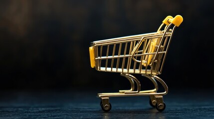 Empty gold shopping cart on dark background