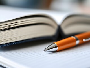 Orange ballpoint pen lying on an open notebook for business planning