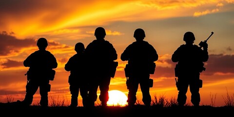 Silhouetted soldiers stand against a vibrant sunset, rifles held at rest, war scene, peace