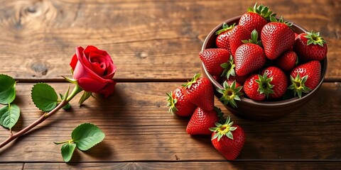 Single red rose and bowl of fresh strawberries on rustic wooden table, organic, image