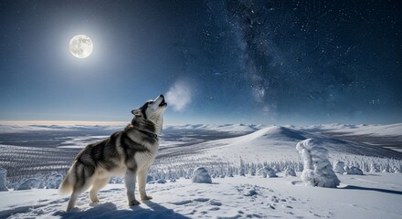 Naklejka premium Husky Howling at the Moon Under Starry Sky in Winter Wonderland
