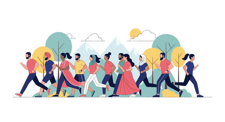 Fototapeta premium Diverse group of people running together outdoors on a sunny day with trees and mountains