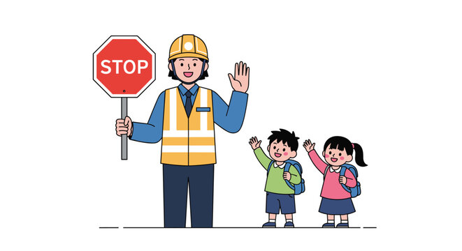 School crossing guard safely guides children across busy street teaching road safety awareness