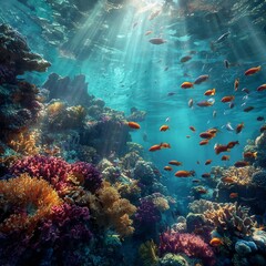 Fototapeta premium Underwater Coral Reef Ecosystem Thriving with Abundant Marine Life and Sunlight penetrating
