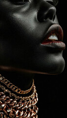 Beautiful, contrasting combination: stunning gold chain on a dark-skinned girl, bold advertising, statement jewelry concept for a modern, jewelry style