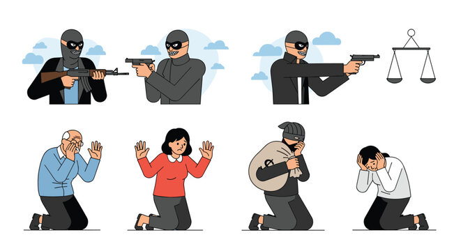 Robbery and crime scenes with victims and perpetrators facing justice
