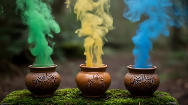 Colorful smoke from decorative pots on mossy surface