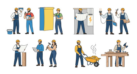 Construction workers performing various renovation and building tasks indoors and outdoors